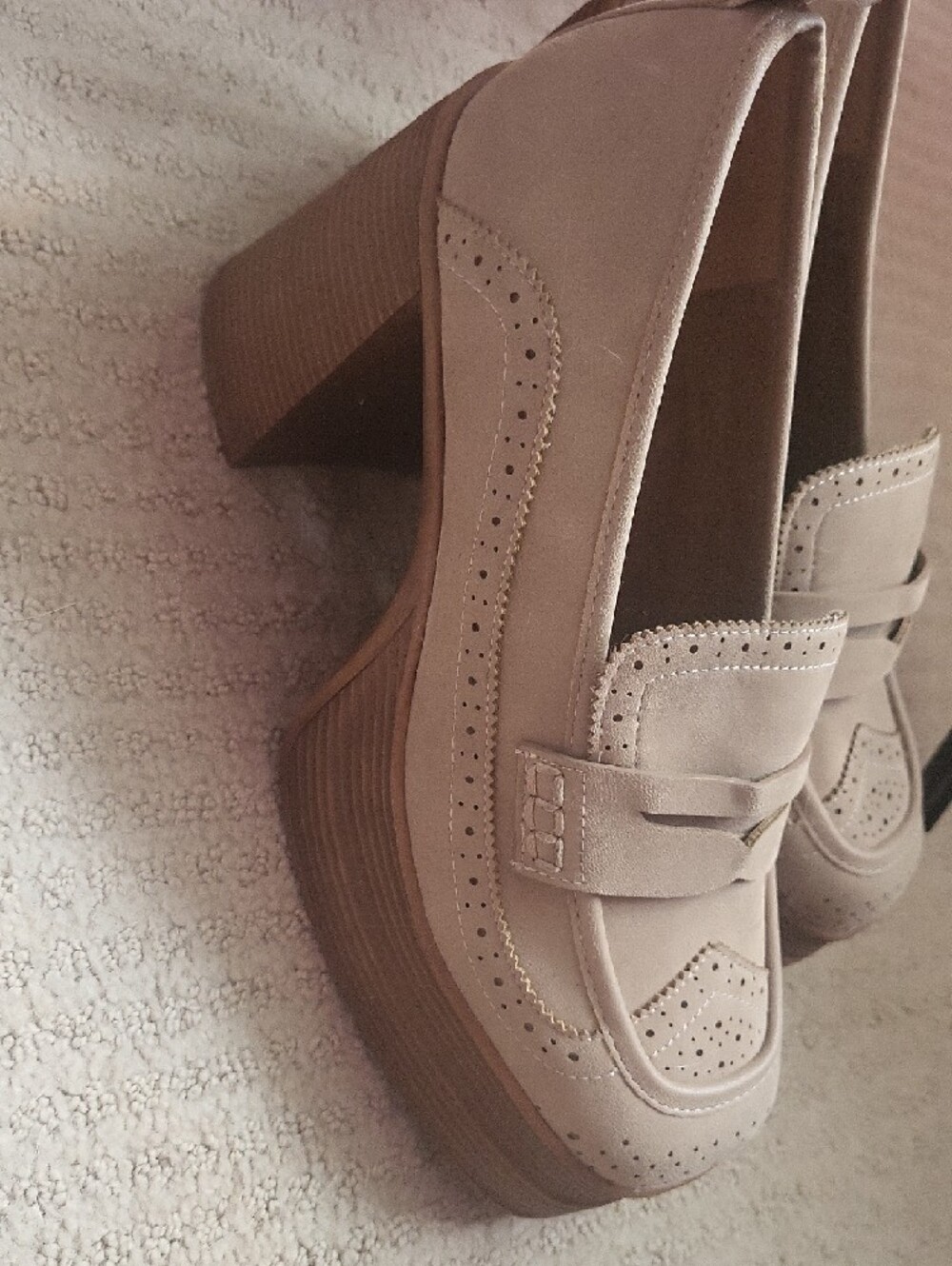MIA Tan Suede Penny Loafer Heels with Brogue Detail - Picture 4 of 4